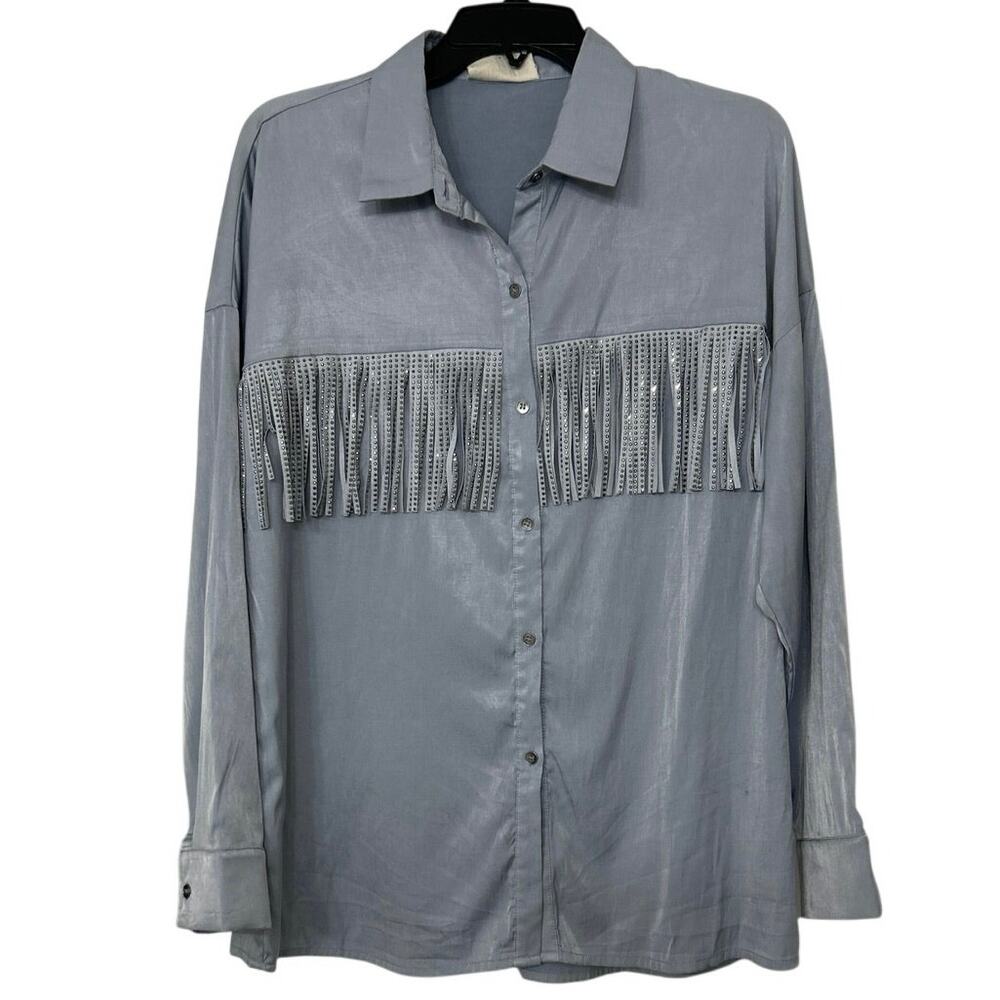 Savanna Jane Fringe Studded Sparkle Western Button Down Shirt L Rodeo Western
